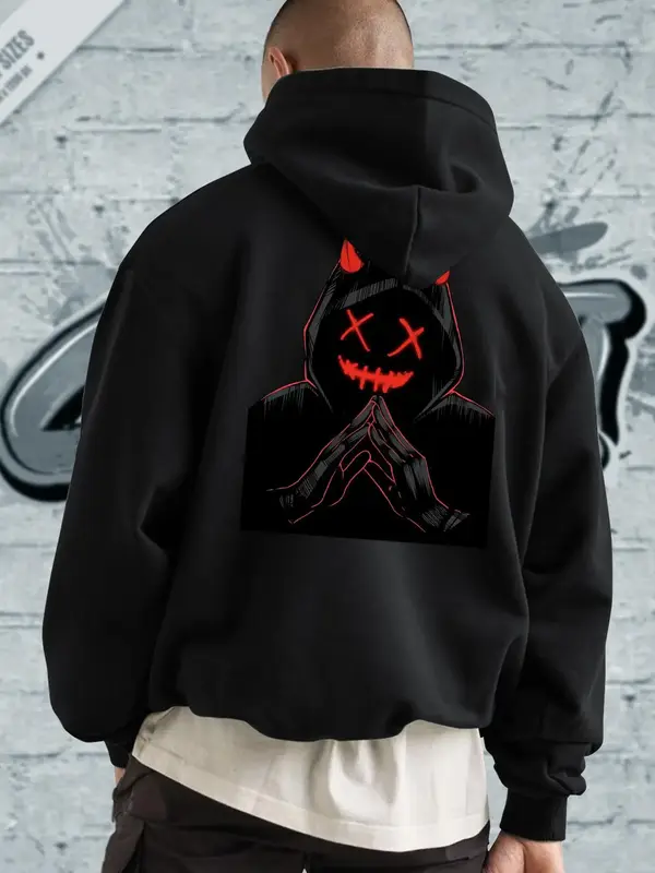 Men's Punk Cartoon Print Drawstring Pocket Hoodie, Regular Fit Casual Long Sleeve Hooded Sweatshirt, Men's Streetwear Clothe...
