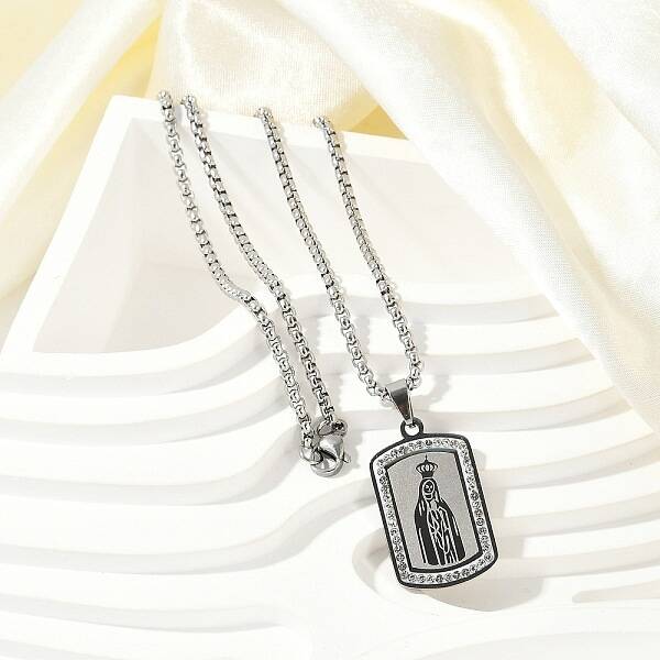 304 Stainless Steel Micro Pave Clear Cubic Zirconia Virgin Mary Pendant Box Chain Necklaces for Men