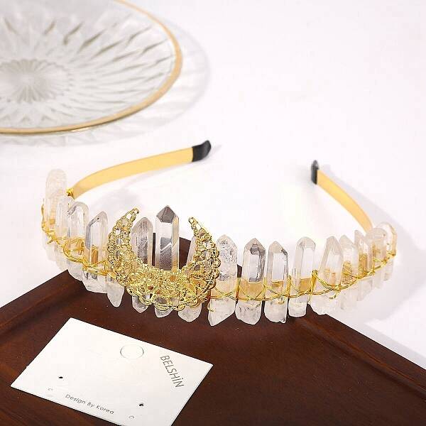 Raw Natural Quartz Crystal & Metal Hollow Moon Hair Bands