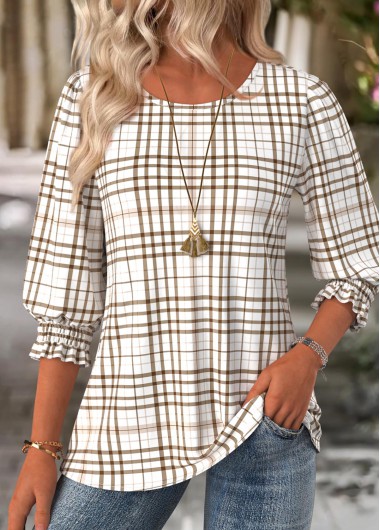 Modlily Light Camel Plaid 3/4 Sleeve Round Neck Blouse - L