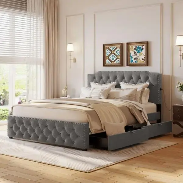 【Bellemave】Queen Size Upholstered Platform Bed with Twin Size Trundle and 2 sets of USB Ports on each side, Linen Fabric