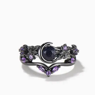 Round Blue Sandstone Moon Wedding Ring Amethyst Black Gold Leaf Bridal Set