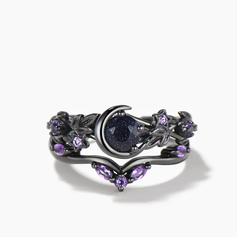 Round Blue Sandstone Moon Wedding Ring Amethyst Black Gold Leaf Bridal Set