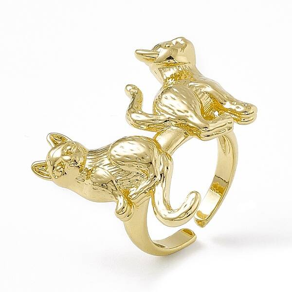 Rack Plating Brass Double Cat Open Cuff Ring for Women