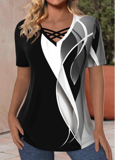 Modlily Black Criss Cross Geometric Print Short Sleeve T Shirt - L