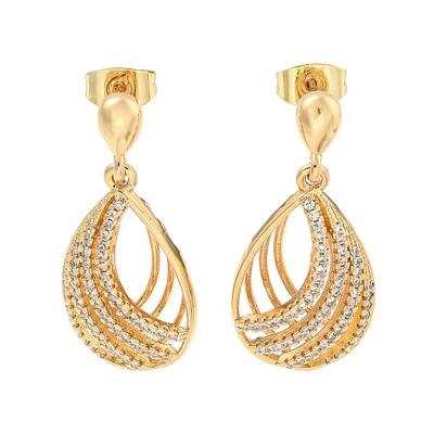 Teardrop Brass Pave Clear Cubic Zirconia Dangle Earrings