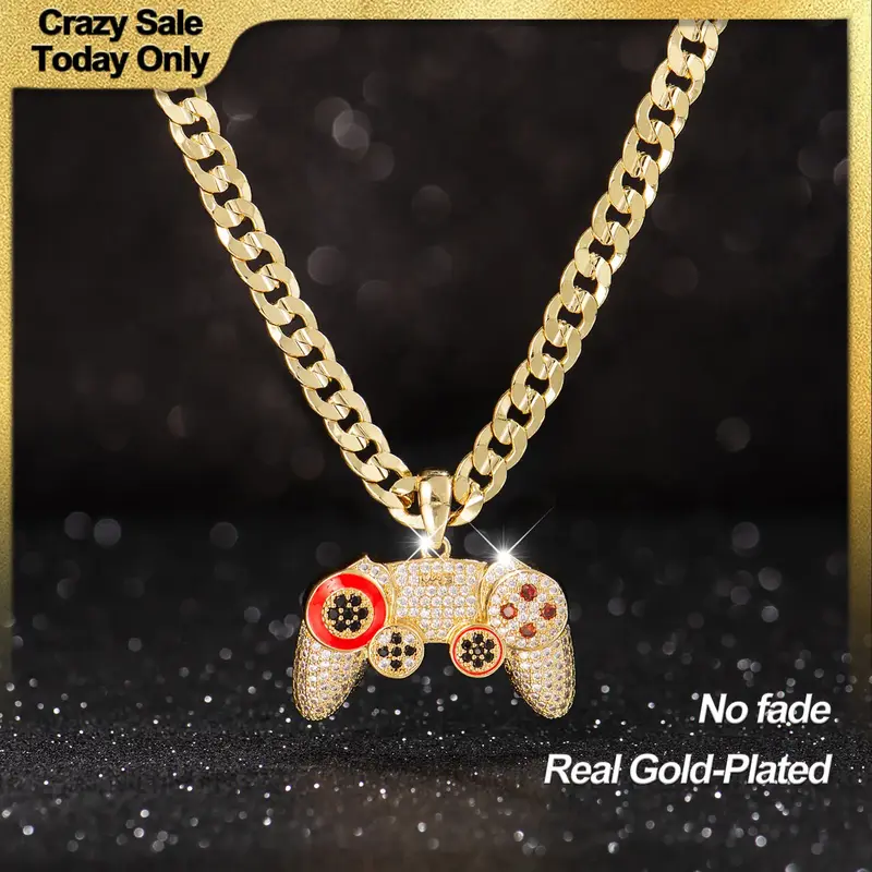 Holylegend 14K Real Gold-Plated Game Controller Necklace, Sony-Inspired CZ Diamond Pendant, 24\