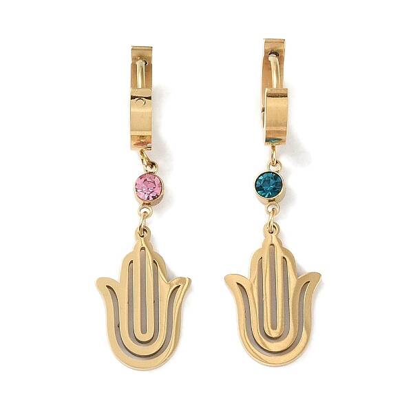 Hamsa Hand 304 Stainless Steel Rhinestone Dangle Earrings