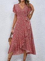 Women's Ditsy Floral Print Dress, Boho Casual V Neck Butterfly Sleeve Dress for Summer, Women's Clothing for Beach Holiday, S...