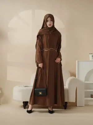 Women's Floral Embroidery Belted Abaya Set, Modest Flounce Sleeve Open Front Abaya & Round Neck Arabian Dress & Hijab Set, Is...