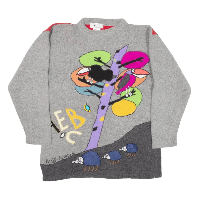 SNOWMEN Patterned Jumper Grey Tight Knit Wool Womens L