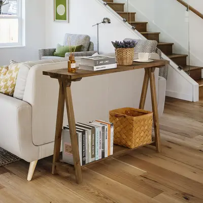 PieDle Farmhouse Console Tables for Living Room, Solid Wood 2-Tier Sofa Table, Rustic Hallway Table for Entryway,Natural