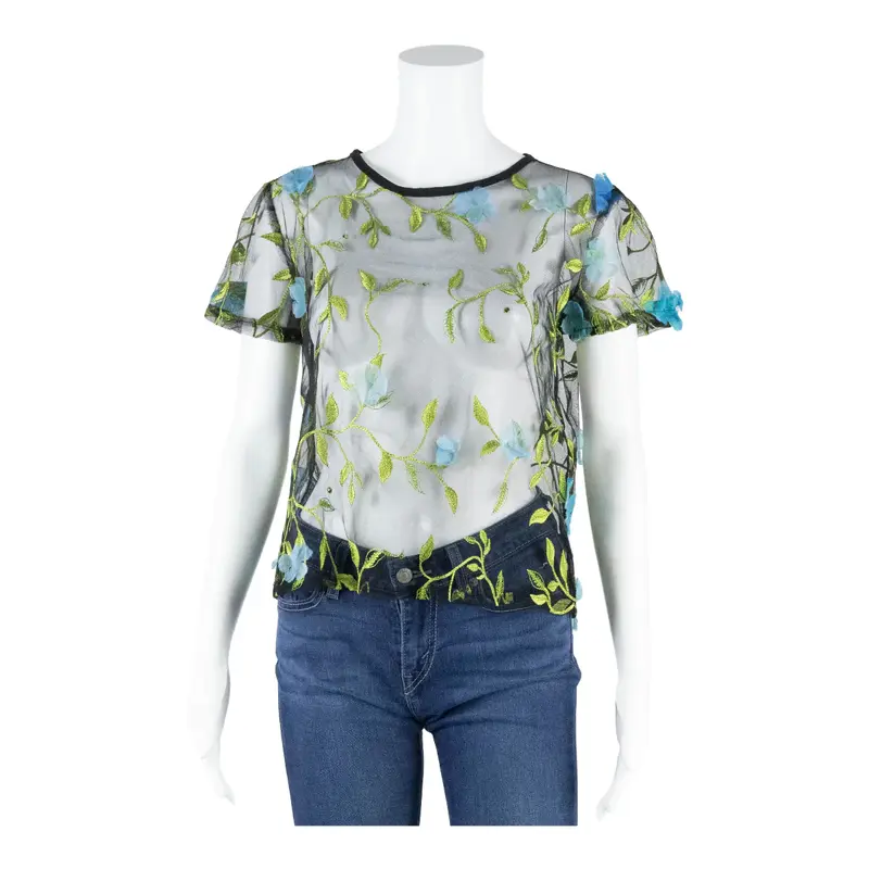 Y2K Embroidered Net Top Black Floral Short Sleeve Womens M