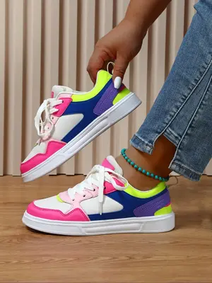 Fashion Colorblock Lace Up Low Top Athletic Sneakers, Casual Breathable Comfortable Sports Shoes, Female All-match Round Toe ...