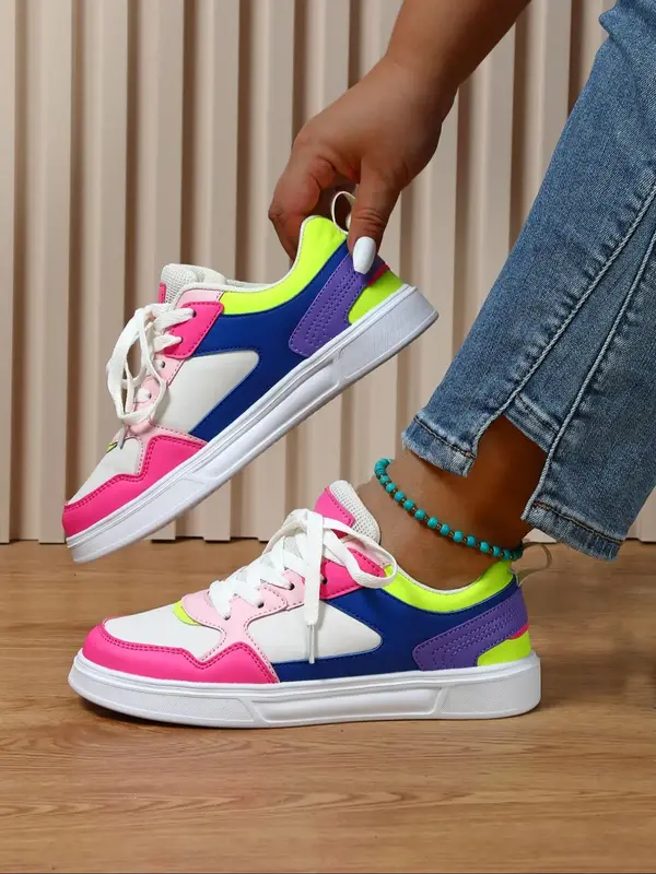 Fashion Colorblock Lace Up Low Top Athletic Sneakers, Casual Breathable Comfortable Sports Shoes, Female All-match Round Toe ...