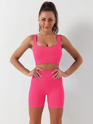 Women's Minimalist Solid Color Bra & High Waist Boxer Briefs Set, Breathable Comfortable Sqaure Neck Wireless Ribbed Lingerie...