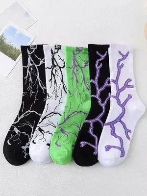 Men's 5 Pairs Novelty All Over Print Crew Socks, Casual Street Style Multicolor Lightning Print Athletic Socks, Soft Comfy Br...