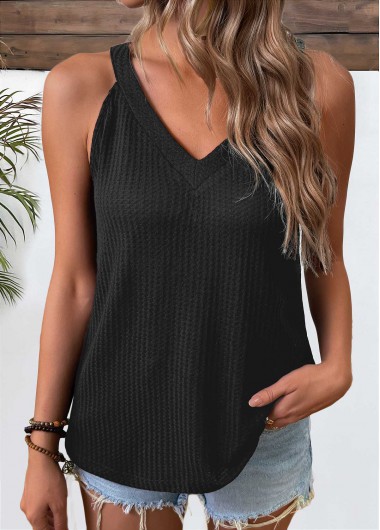 Modlily Black Short Sleeve V Neck Tank Top - XXL