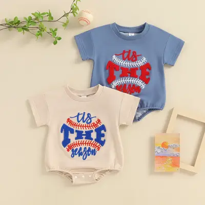 Newborn Baby Boy Girl Baseball Outfit Short Sleeve Play Ball Embroidery Bubble Romper Bodysuit Ball Game Clothes Infant Summ...