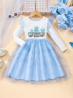 Girl's Cartoon Print Contrast Mesh Textured Ruffle Trim Dress, Cute Long Sleeve Round Neck Dress for Party Holiday, Kids Clot...