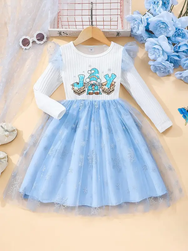 Girl's Cartoon Print Contrast Mesh Textured Ruffle Trim Dress, Cute Long Sleeve Round Neck Dress for Party Holiday, Kids Clot...