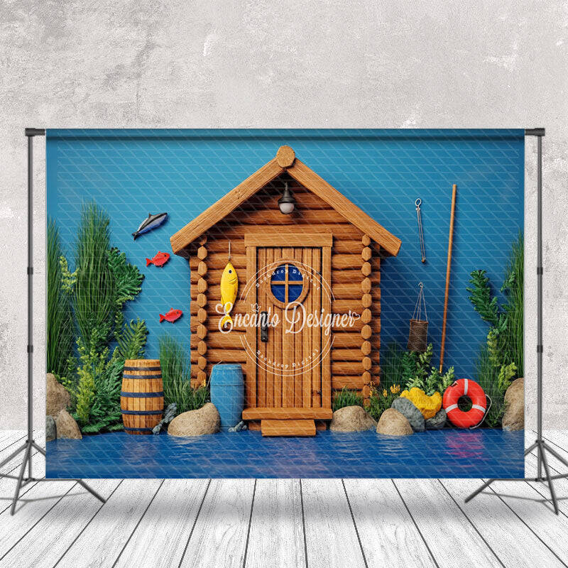 Blue River Wooden House Fishing Cake Smash Backdrop - Aperturee