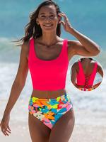 Women's Two-piece Tankini Set, Fashion Plain Square Neck Swim Tank Top & Floral Print High Waist Swim Bottom, Women's Beach S...
