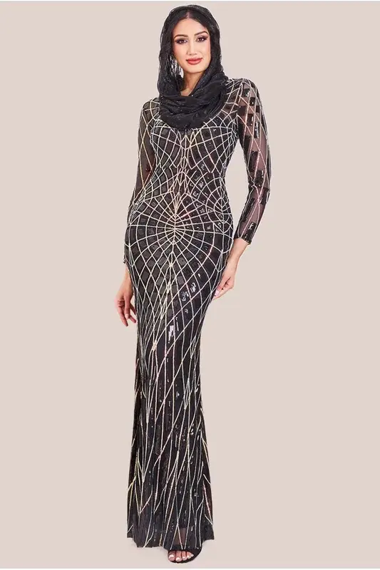 Goddiva Modesty Geo Sequin Maxi Dress - Black