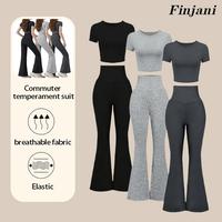 【Plus Size】 Solid Color Round Neck Tee & Flare LegPants Set, Women's Outfits for Summer  Clothes Suits Basic Matching