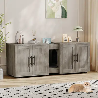 Garvee Litter Box Enclosure with Double Room, Hidden Cat Litter Box Cabinet Furniture for 2 Cats with Storage Groove & Odor-R...