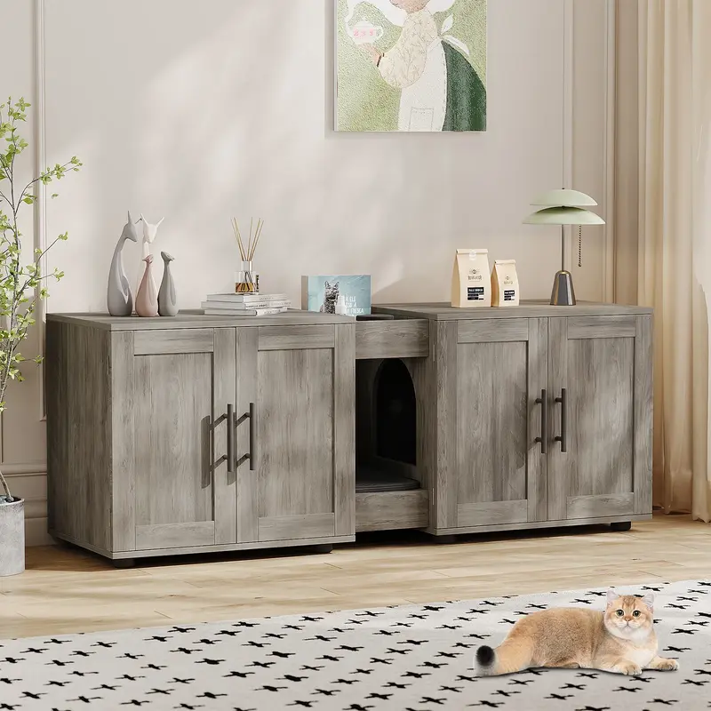 Garvee Litter Box Enclosure with Double Room, Hidden Cat Litter Box Cabinet Furniture for 2 Cats with Storage Groove & Odor-R...