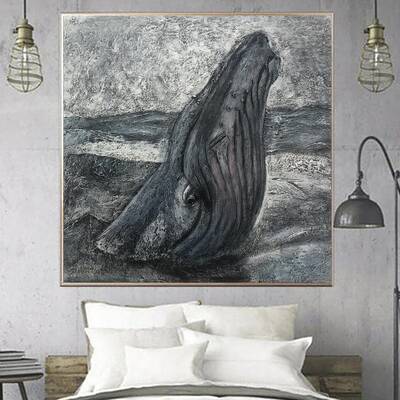 Abstract Whale Painting on Canvas Original Animal Wall Art Heavy Textured Artwork Monochrome Painting for Aesthetic Room Deco...