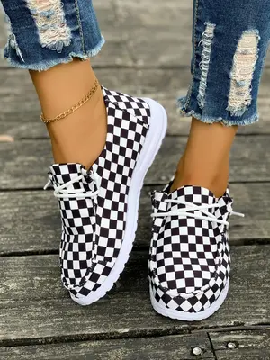 Women's Fashionable Checkerboard Pattern Slip on Sneakers, Casual Comfortable Breathable Lightweight Sports Shoes, Female All...