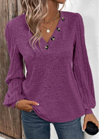 Modlily Purple Button Long Sleeve V Neck T Shirt - M