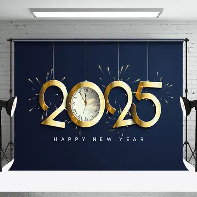 Simple Gold Sparks 2025 Clock Happy New Year Backdrop - Aperturee