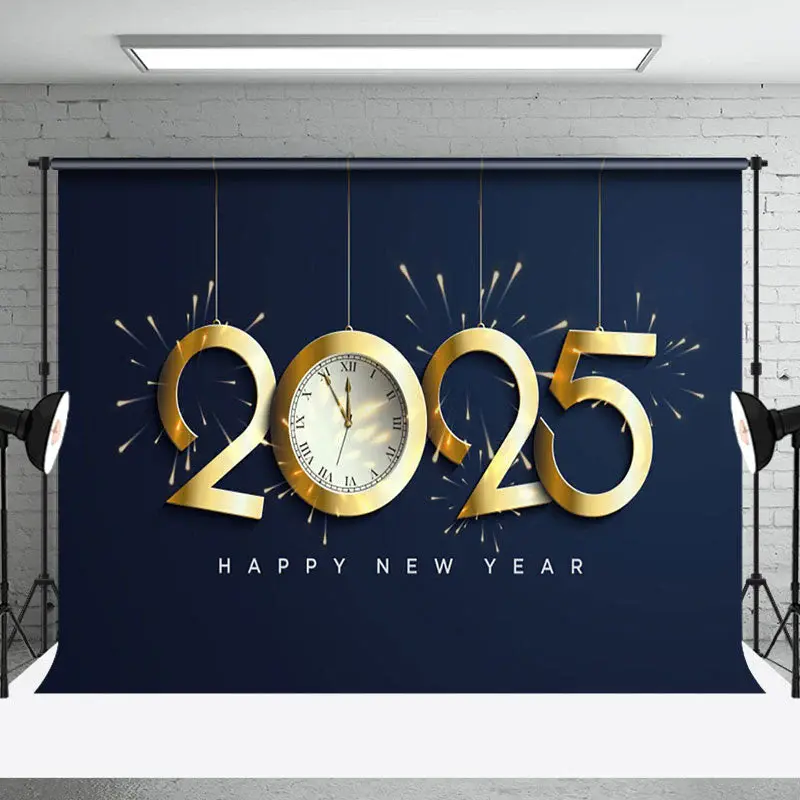 Simple Gold Sparks 2025 Clock Happy New Year Backdrop - Aperturee