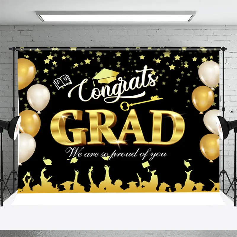 Gold Beige Balloon Stars Bokeh Graduation Backdrop - Aperturee