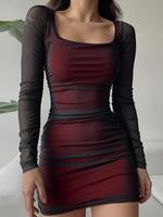 Women's Contrast Mesh Sheer Ruched Long Sleeve Slim Bodycon Dress, Chic Elegant Square Neck Mini Dress for Party Club Dating ...