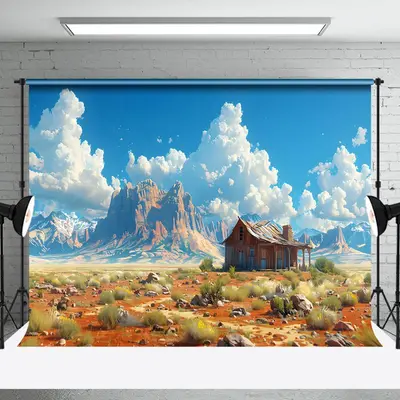 Aperturee Desert Hut Weeds Blue Sky Mountain Scene Backdrop, 3X2FT(1MX0.6M), 14 USD, natural scenery backdrops, NYHD2I02-M