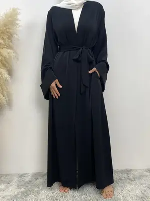 Arabic Clothing-solid Kimono Sleeve Belted Pocket Wrap Abaya, Modern Chic V Neck Long Sleeve Abayas, Women's Islamic Clothing...