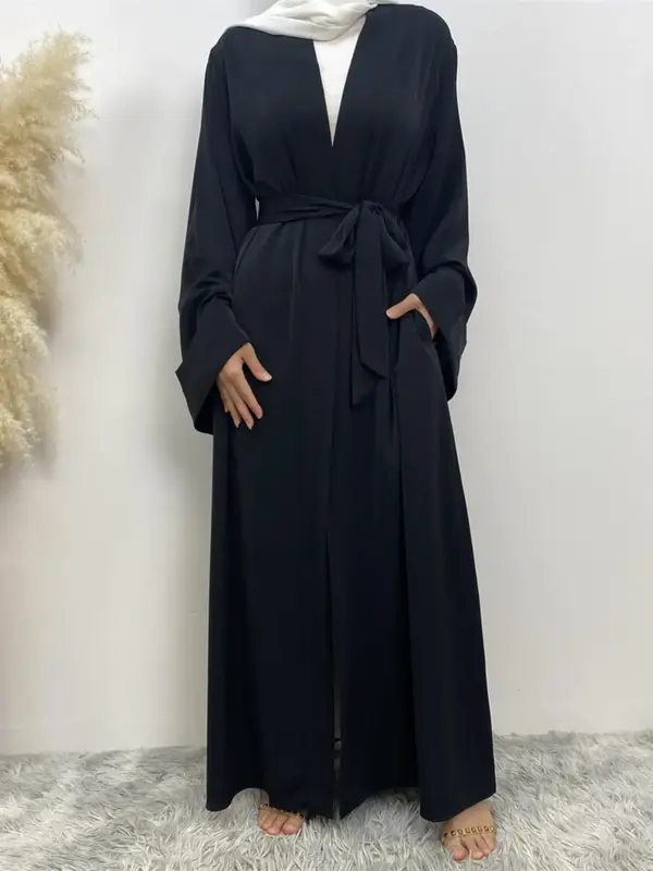 Arabic Clothing-solid Kimono Sleeve Belted Pocket Wrap Abaya, Modern Chic V Neck Long Sleeve Abayas, Women's Islamic Clothing...