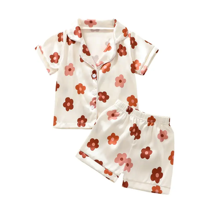 Kid Child Girl Silk Pyjama Set Floral Short Sleeve Lapel Collar Button Down Top Elasticated Waist Shorts Sleepwear Matching P...