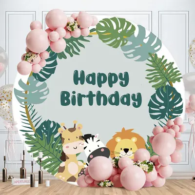 Aperturee Jungle Animals Leaves Circle Happy Birthday Backdrop | Birthday Backdrop Ideas | Circular Birthday Backdrop Cover |...