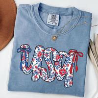 [Saleup to 75%]Comfort Colors Floral Coquette USA Shirt, Retro America T-Shirt, 4th Of July Gift, Patriotic Tee, Coquette Bow...