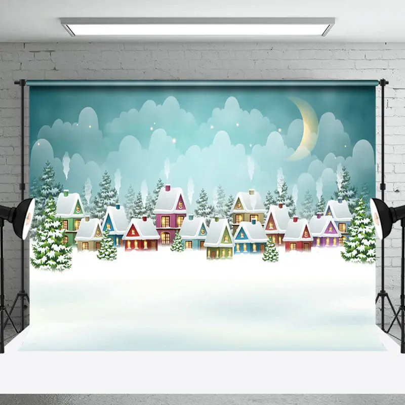 Aperturee Moon Night Winter Quiet Snowy Wild Town Backdrop - Aperturee