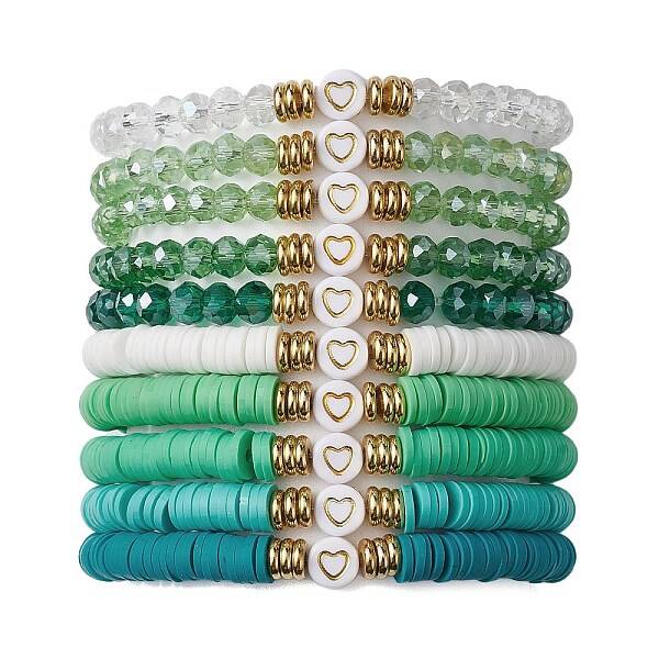10Pcs Polymer Clay Disc & Glass & Brass Beaded Stretch Bracelets Set