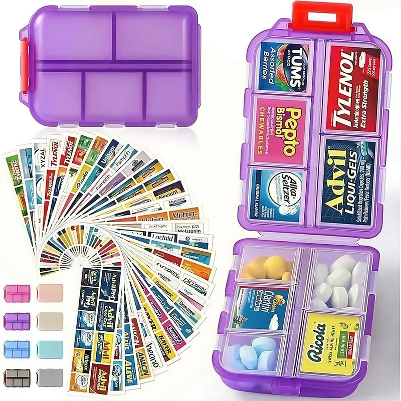 Travel Pill Organizer Box, Portable Pocket Purse Pharmacy, 147 Brand Labels , 10 Compartment Small Pill Case Medicine Kit, Da...