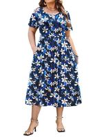 [Plus Size] IN'VOLAND Women Short Sleeve Dress Loose Summer Casual A-Line Flowy Midi Dresses with Pockets