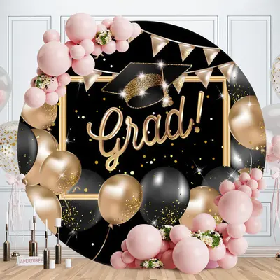 Black And Gold Glitter Round Grad Party Backdrop - Aperturee
