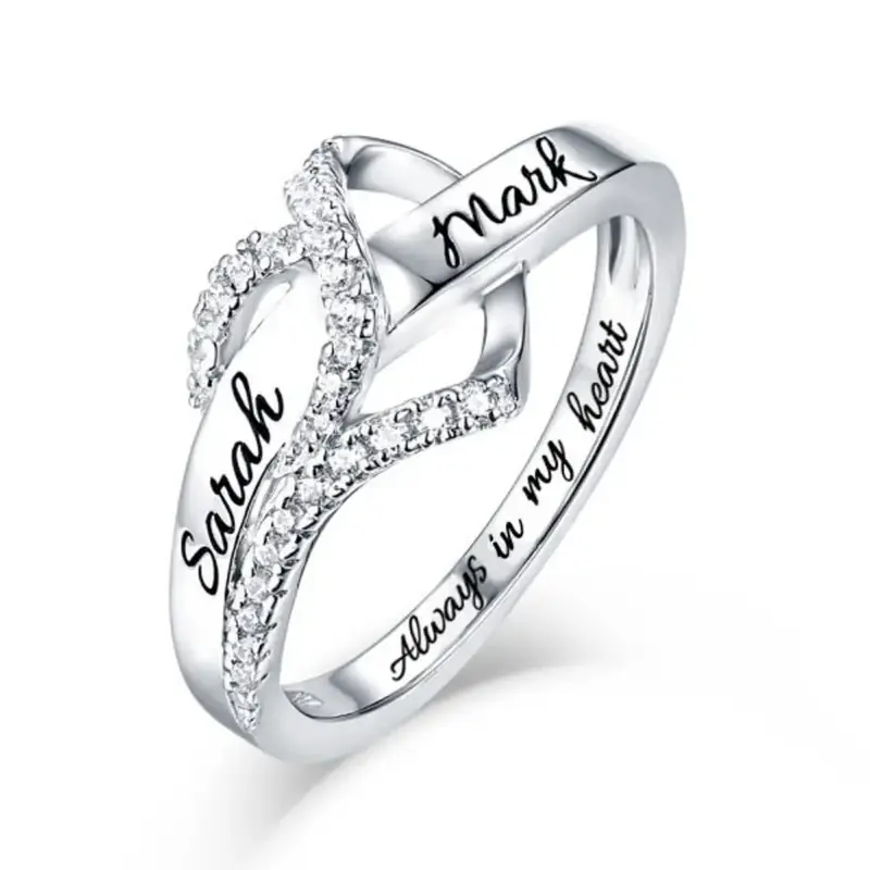 Sterling Silver Round Shaped Cubic Zirconia Personalized Engraving & Heart Ring with Engraved Word